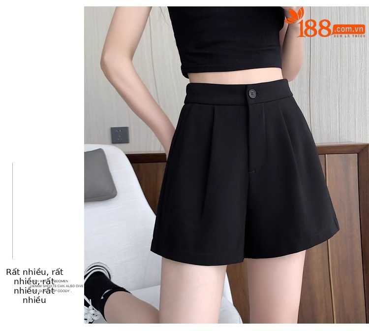 Quần short nữ cạp cao dáng chữ A ống rộng mùa hè — Màu đen (gửi thắt lưng xoắn khóa ngẫu nhiên) chi tiết 25