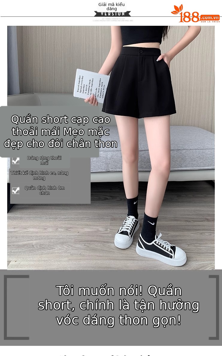 Quần short nữ cạp cao dáng chữ A ống rộng mùa hè — Màu đen (gửi thắt lưng xoắn khóa ngẫu nhiên) chi tiết 5