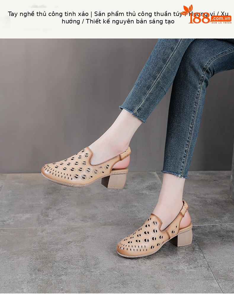 Sandal bít mũi da bò thật khoét lỗ thoáng khí gót thô mùa hè phong cách La Mã — Màu be chi tiết 1