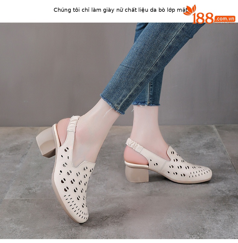 Sandal bít mũi da bò thật khoét lỗ thoáng khí gót thô mùa hè phong cách La Mã — Màu be chi tiết 2