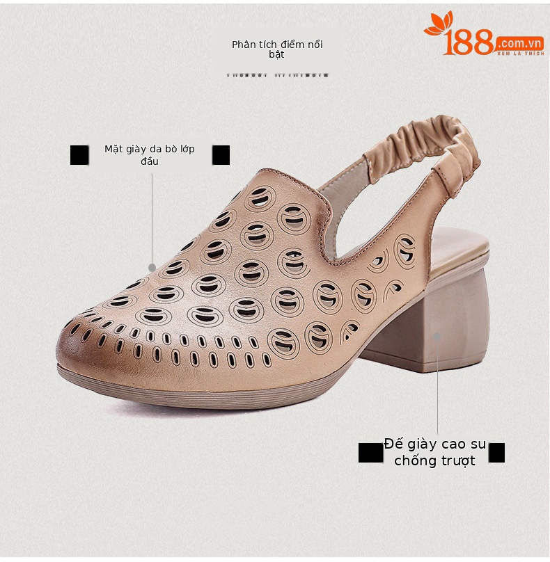 Sandal bít mũi da bò thật khoét lỗ thoáng khí gót thô mùa hè phong cách La Mã — Màu be chi tiết 3
