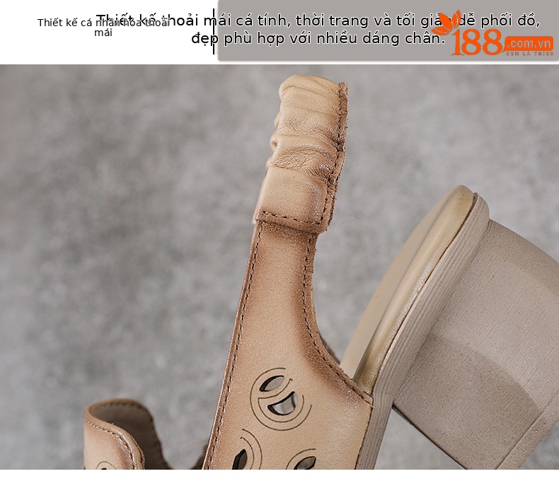 Sandal bít mũi da bò thật khoét lỗ thoáng khí gót thô mùa hè phong cách La Mã — Màu be chi tiết 5