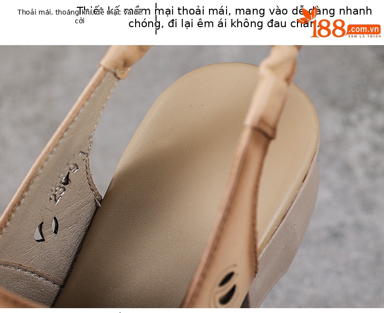 Sandal bít mũi da bò thật khoét lỗ thoáng khí gót thô mùa hè phong cách La Mã — Màu be chi tiết 6