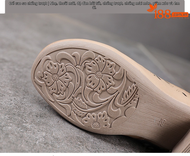 Sandal bít mũi da bò thật khoét lỗ thoáng khí gót thô mùa hè phong cách La Mã — Màu be chi tiết 7