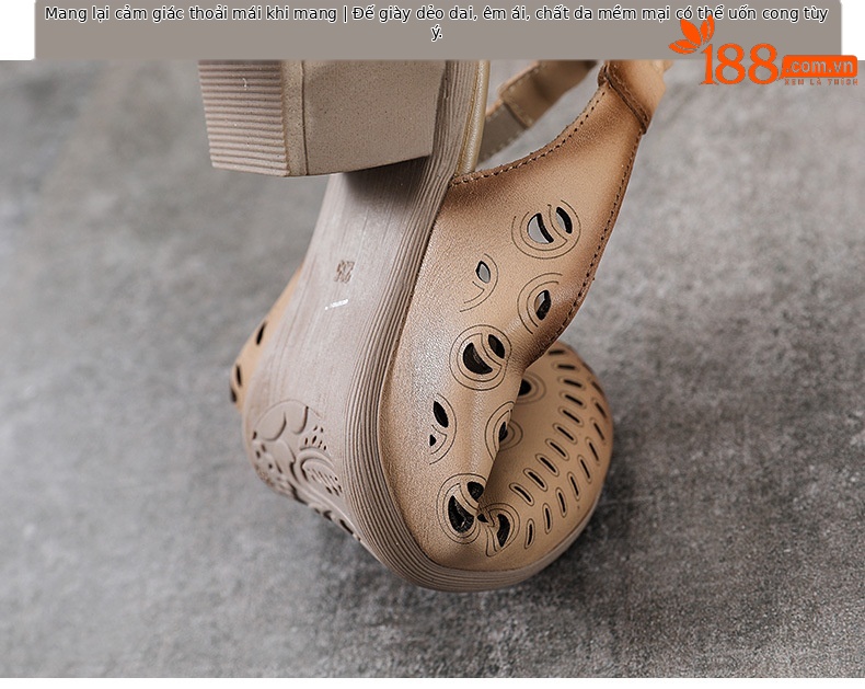 Sandal bít mũi da bò thật khoét lỗ thoáng khí gót thô mùa hè phong cách La Mã — Màu be chi tiết 8