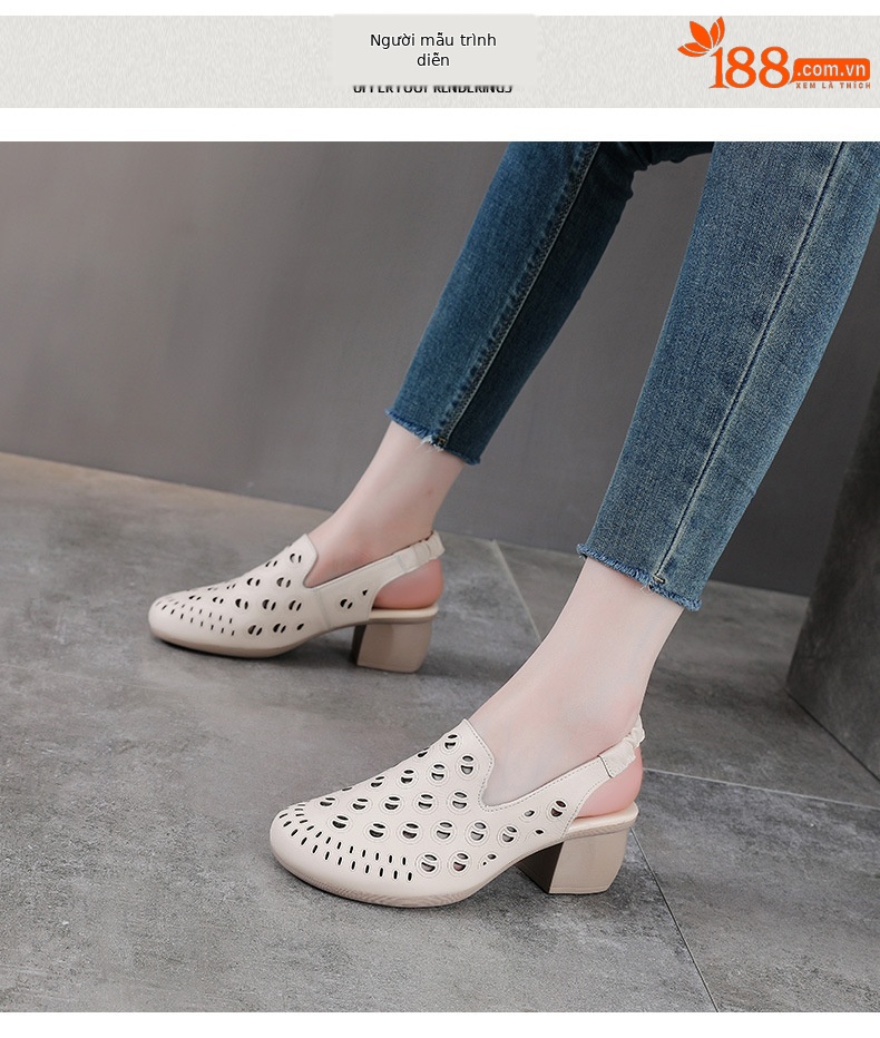 Sandal bít mũi da bò thật khoét lỗ thoáng khí gót thô mùa hè phong cách La Mã — Màu be chi tiết 9