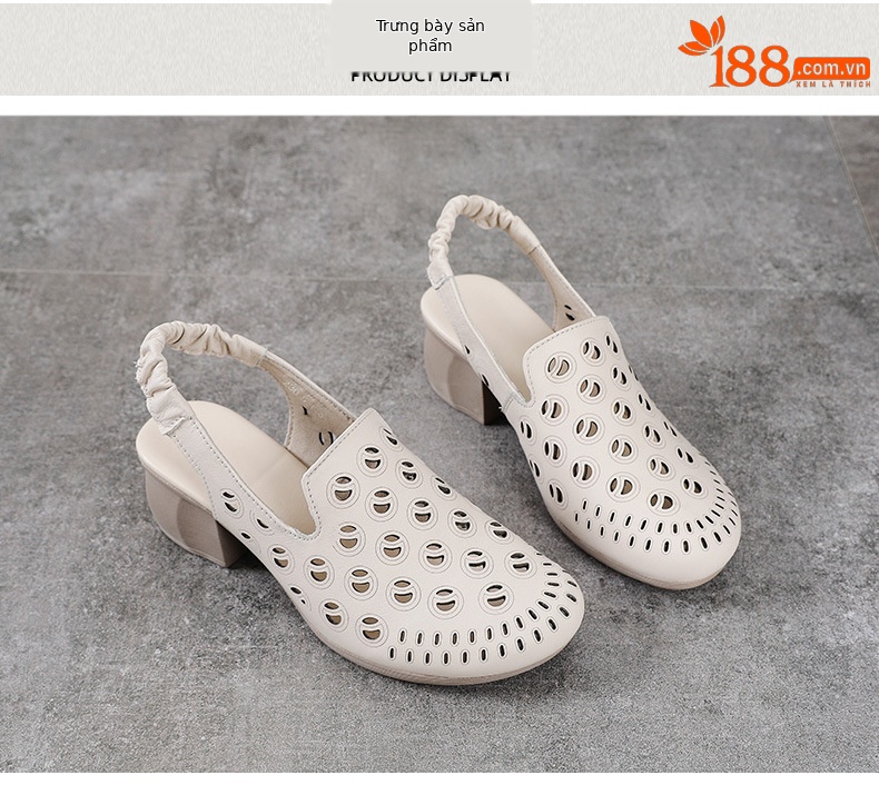 Sandal bít mũi da bò thật khoét lỗ thoáng khí gót thô mùa hè phong cách La Mã — Màu be chi tiết 10