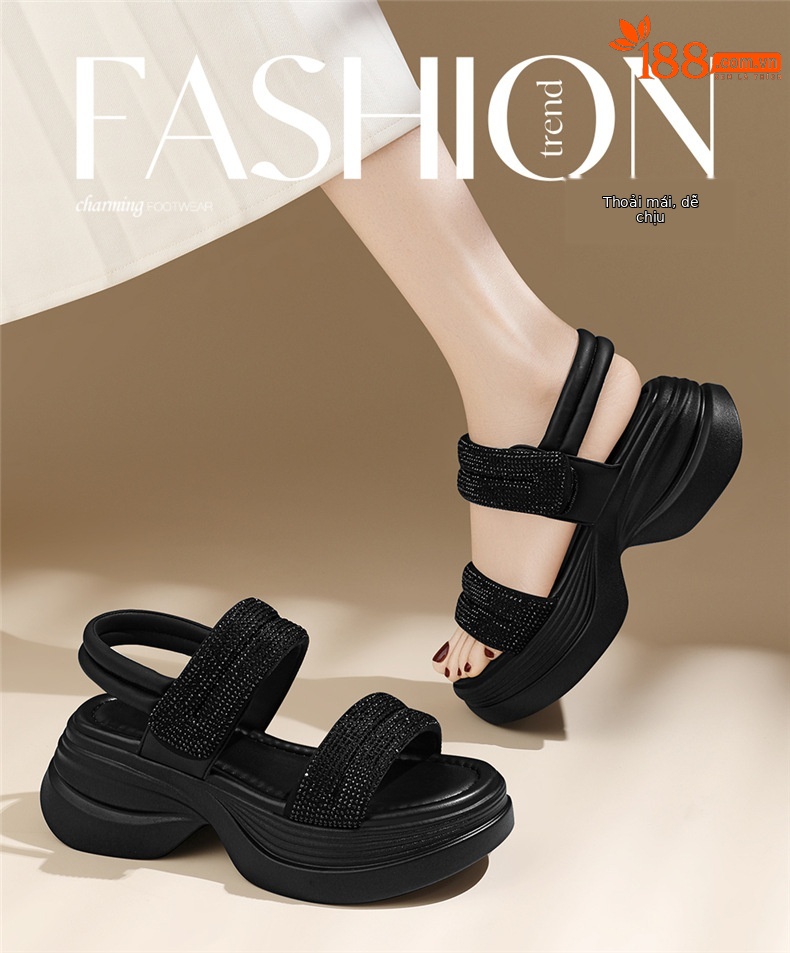 Sandal nữ đế dày đính đá phong cách La Mã, gót platform tăng chiều cao, mùa hè 2026 — 7199 màu đen, 7199 màu be chi tiết 1