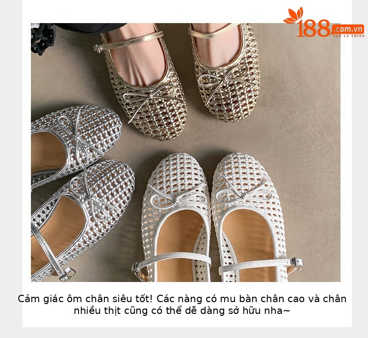Sandal nữ quai chữ V đế bệt kiểu Pháp, mũi tròn, quai dệt nơ rỗng — vàng, trắng, bạc chi tiết 3