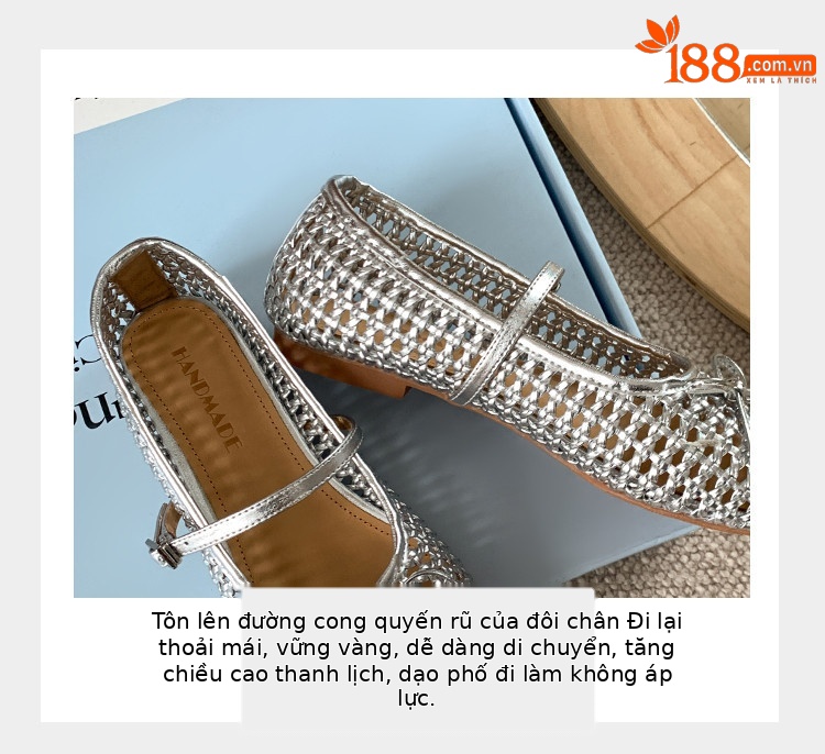 Sandal nữ quai chữ V đế bệt kiểu Pháp, mũi tròn, quai dệt nơ rỗng — vàng, trắng, bạc chi tiết 5