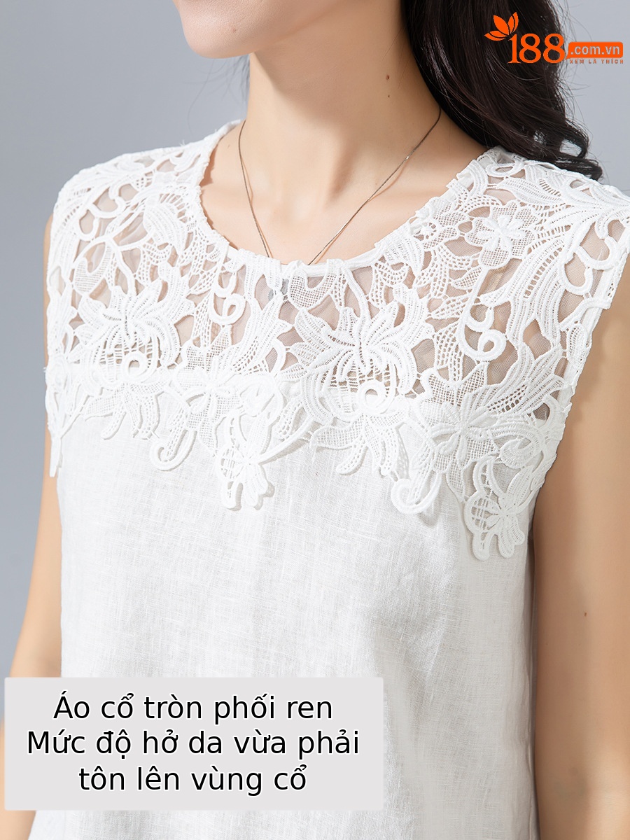 Áo ba lỗ cổ tròn ren Xinge vải lanh rộng rãi che khuyết điểm mùa hè — Màu trắng