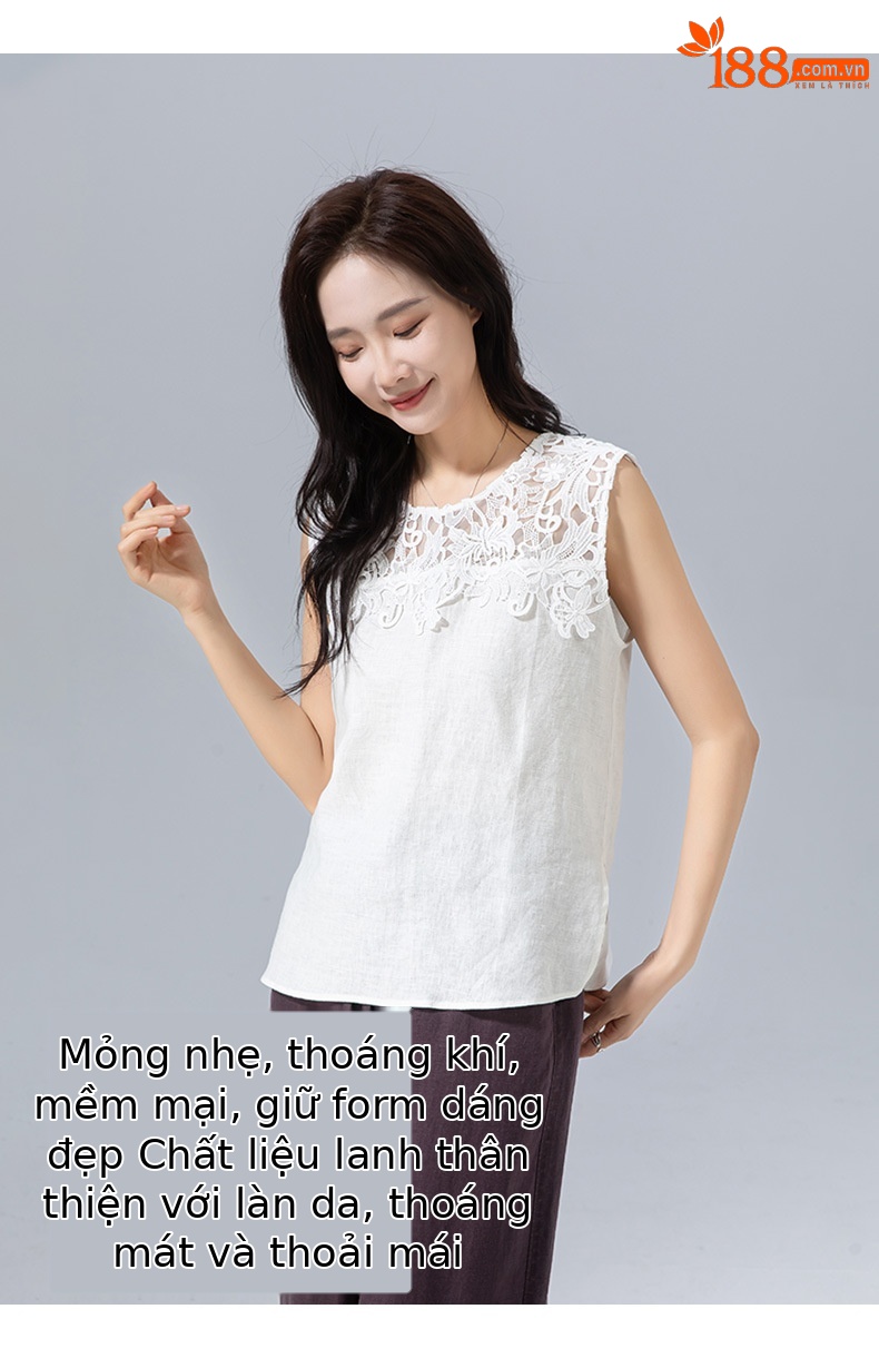 Áo ba lỗ cổ tròn ren Xinge vải lanh rộng rãi che khuyết điểm mùa hè — Màu trắng chi tiết 10
