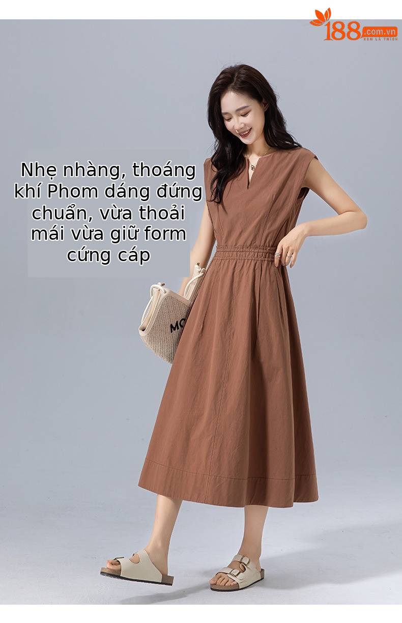 Váy liền không tay cổ chữ V ôm eo dáng chữ A dài midi che khuyết điểm — Màu kẹo chi tiết 9