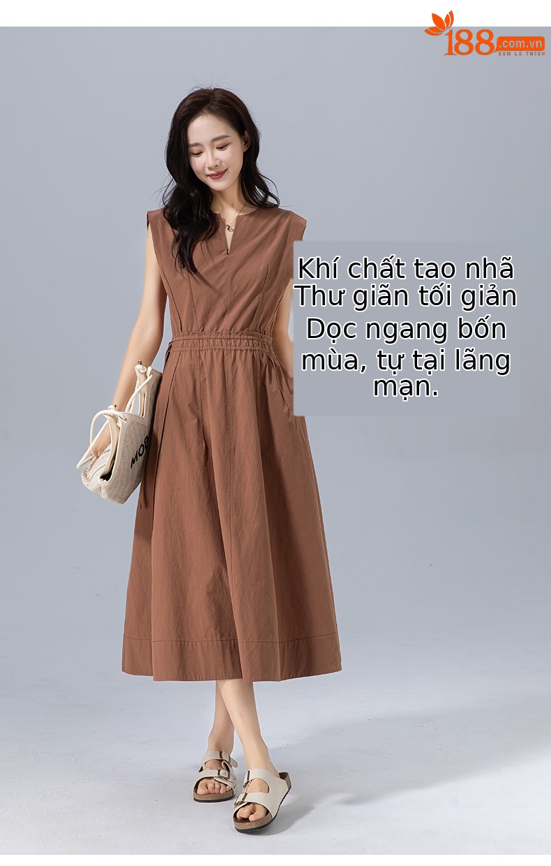 Váy liền không tay cổ chữ V ôm eo dáng chữ A dài midi che khuyết điểm — Màu kẹo chi tiết 14