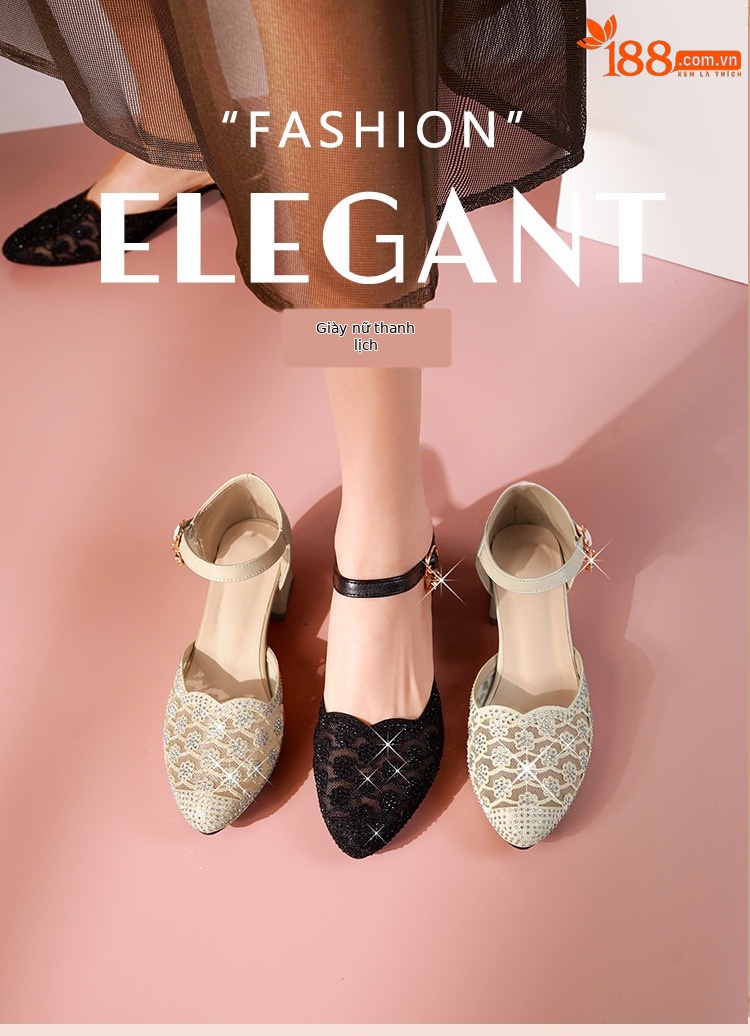 Sandal nữ da thật mũi nhọn cut-out gót dày — đen chi tiết 1
