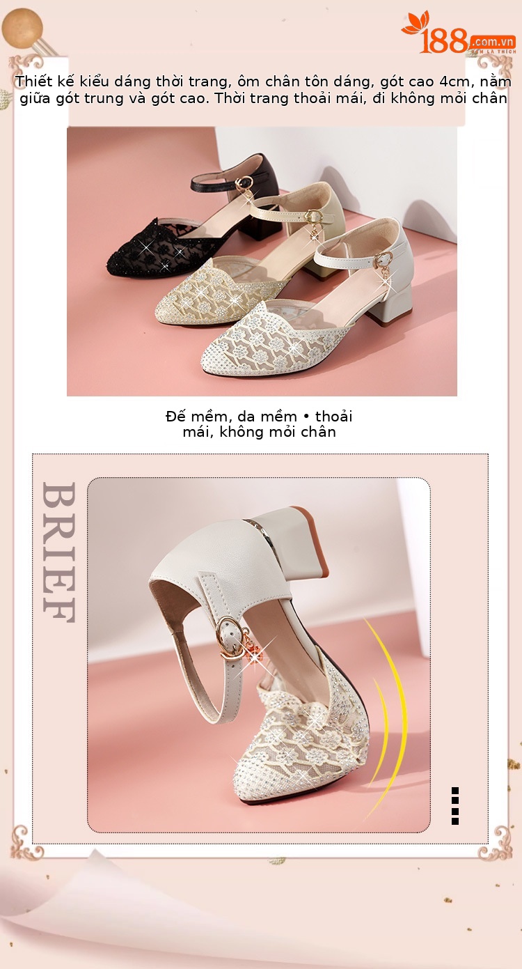 Sandal nữ da thật mũi nhọn cut-out gót dày — đen chi tiết 2