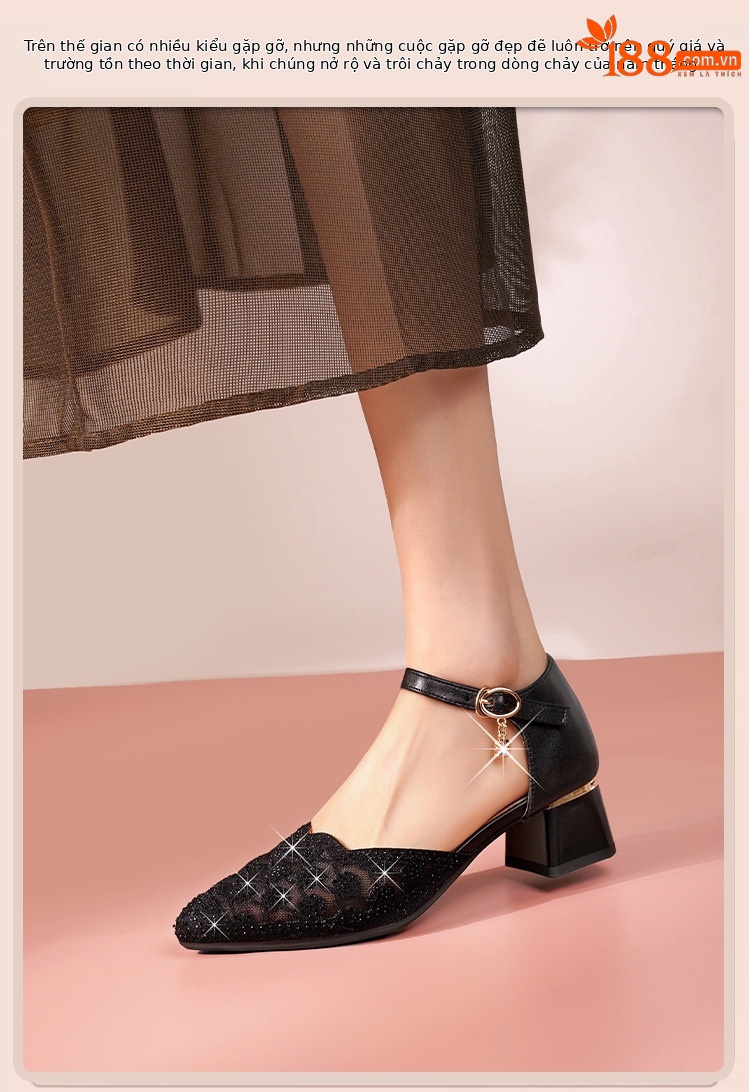 Sandal nữ da thật mũi nhọn cut-out gót dày — đen chi tiết 9