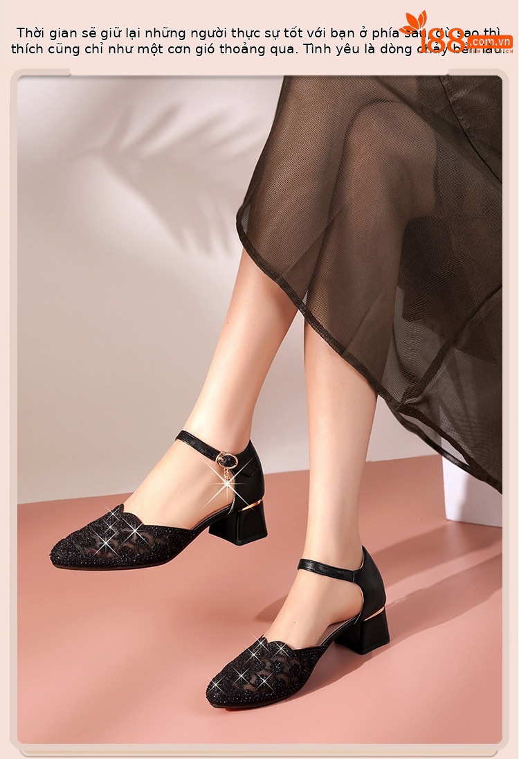 Sandal nữ da thật mũi nhọn cut-out gót dày — đen chi tiết 10