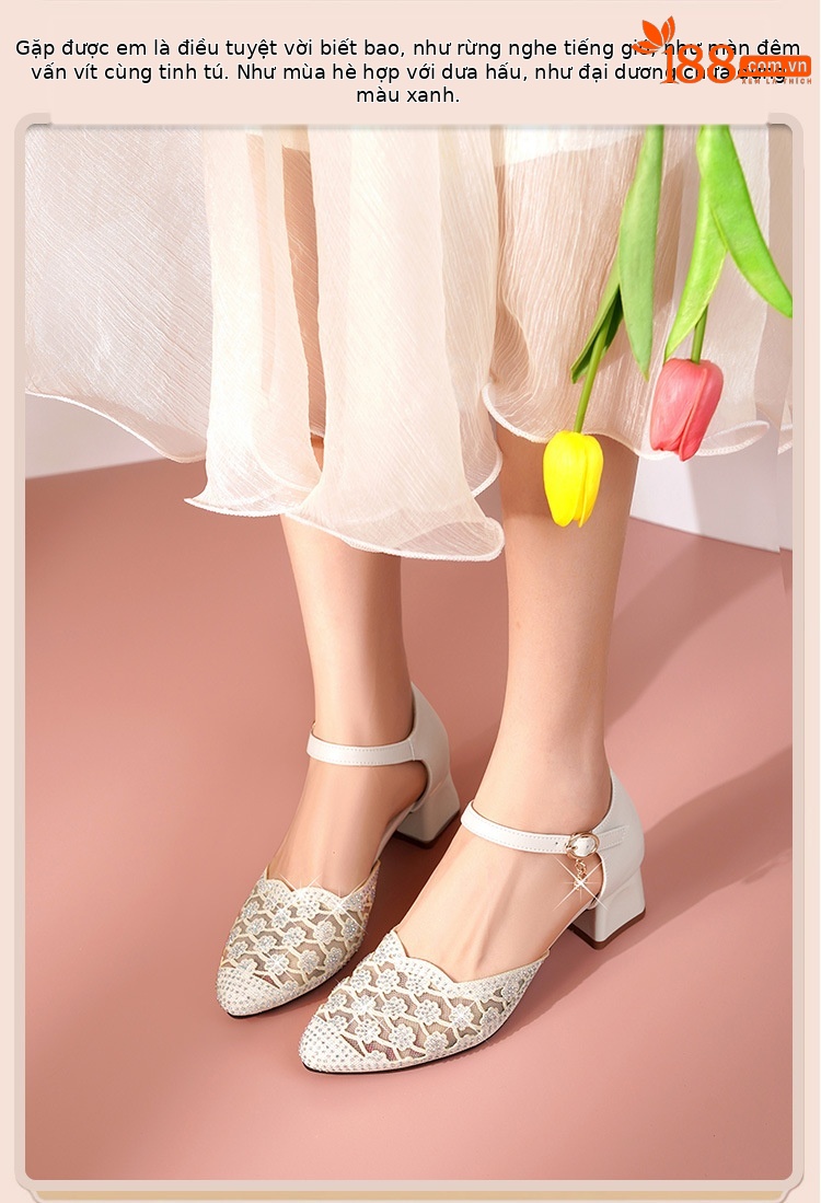 Sandal nữ da thật mũi nhọn cut-out gót dày — đen chi tiết 12