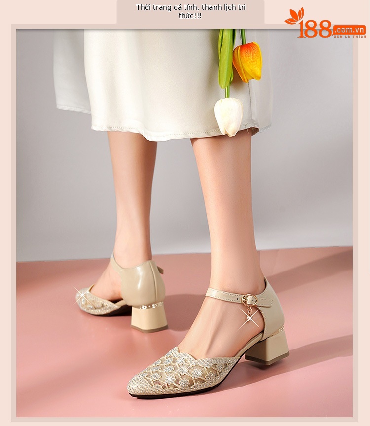 Sandal nữ da thật mũi nhọn cut-out gót dày — đen chi tiết 14