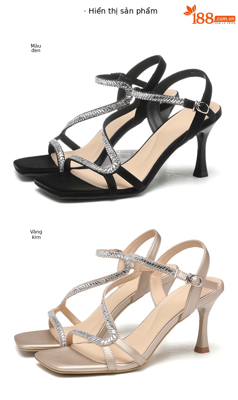 Sandal cao gót nữ quai ngang mũi vuông đính đá pha lê gót nhọn 9 cm — 7203 màu đen, 7203 màu vàng kim chi tiết 18