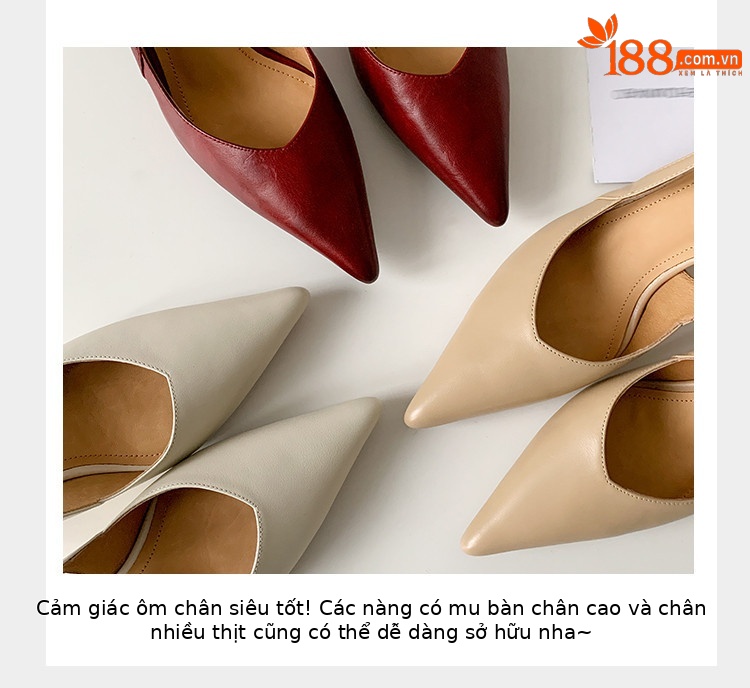 Sandal quai ngang mũi nhọn gót cao bít mũi hở gót Hàn Quốc — Màu đỏ rượu, Màu trắng be, Màu mơ chi tiết 5