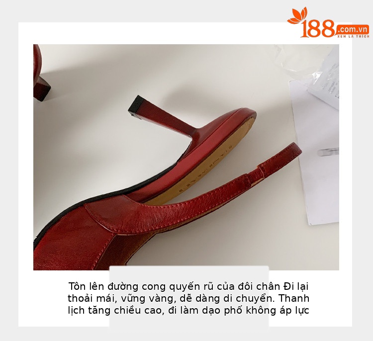Sandal quai ngang mũi nhọn gót cao bít mũi hở gót Hàn Quốc — Màu đỏ rượu, Màu trắng be, Màu mơ chi tiết 7