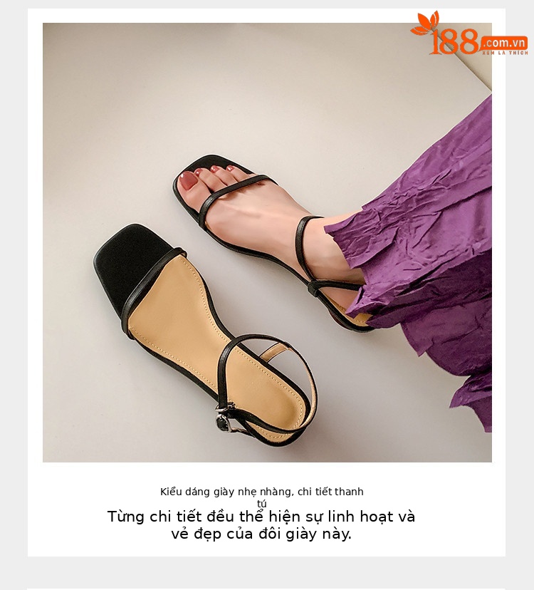 Sandal nữ gót thấp mũi vuông quai một dây hở ngón phong cách Hàn Quốc — đen, Tím, Màu trắng nhạt chi tiết 4