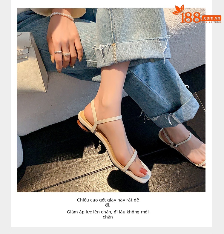 Sandal nữ gót thấp mũi vuông quai một dây hở ngón phong cách Hàn Quốc — đen, Tím, Màu trắng nhạt chi tiết 5