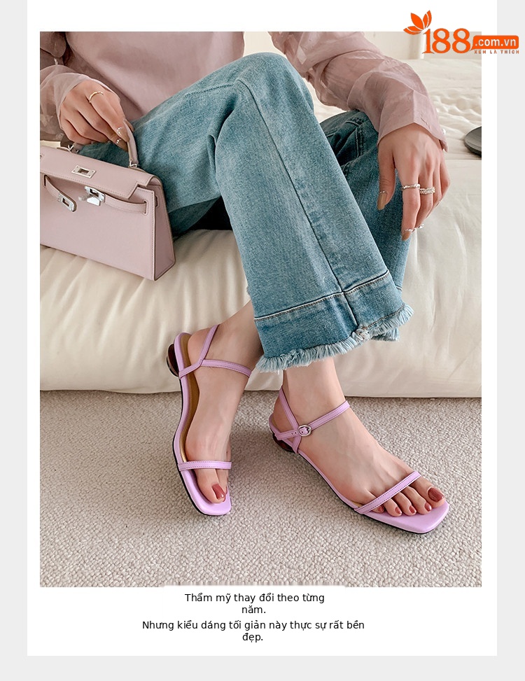 Sandal nữ gót thấp mũi vuông quai một dây hở ngón phong cách Hàn Quốc — đen, Tím, Màu trắng nhạt chi tiết 7
