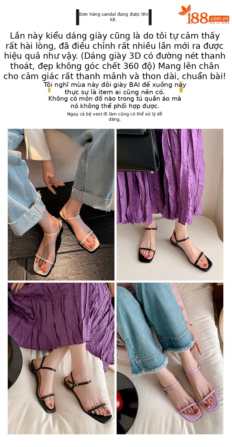 Sandal nữ gót thấp mũi vuông quai một dây hở ngón phong cách Hàn Quốc — đen, Tím, Màu trắng nhạt chi tiết 2