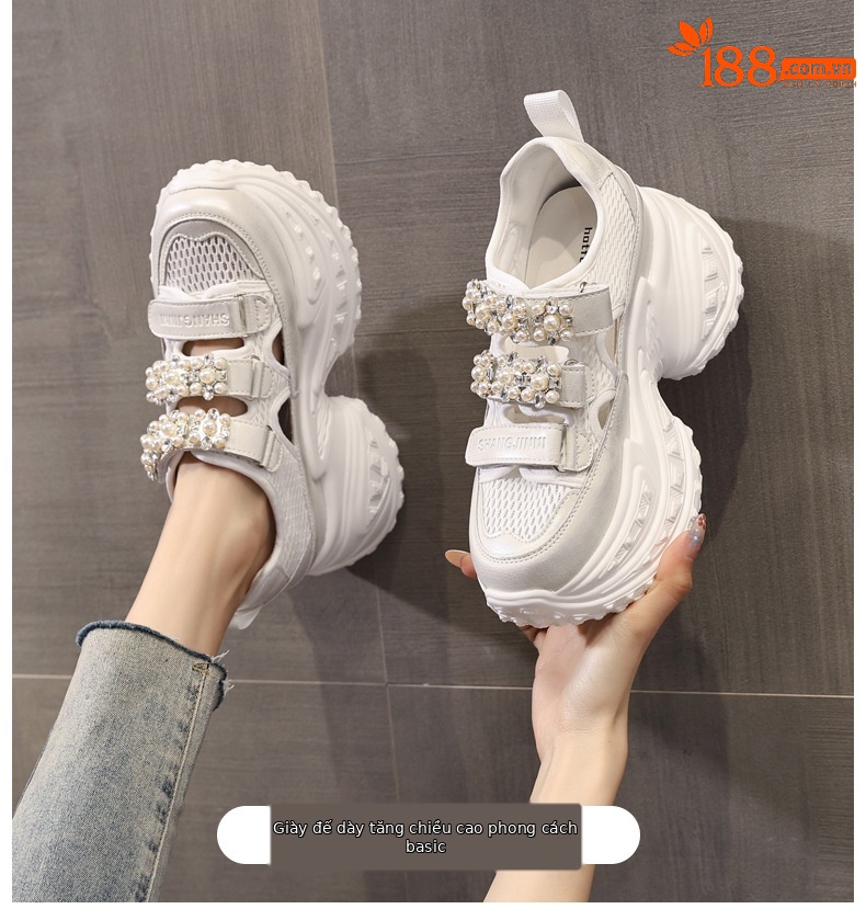 Giày thể thao nữ đế dày tăng chiều cao, lưới thoáng khí đính đá rhinestone — Màu tím chi tiết 1