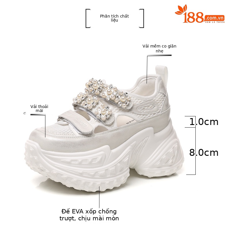 Giày thể thao nữ đế dày tăng chiều cao, lưới thoáng khí đính đá rhinestone — Màu tím chi tiết 2