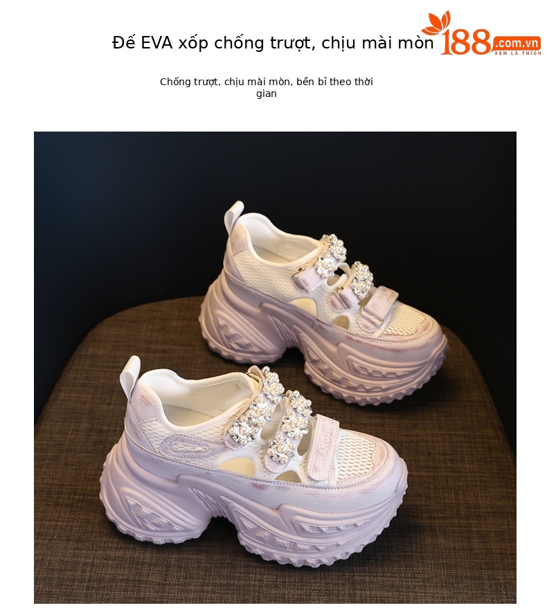 Giày thể thao nữ đế dày tăng chiều cao, lưới thoáng khí đính đá rhinestone — Màu tím chi tiết 9