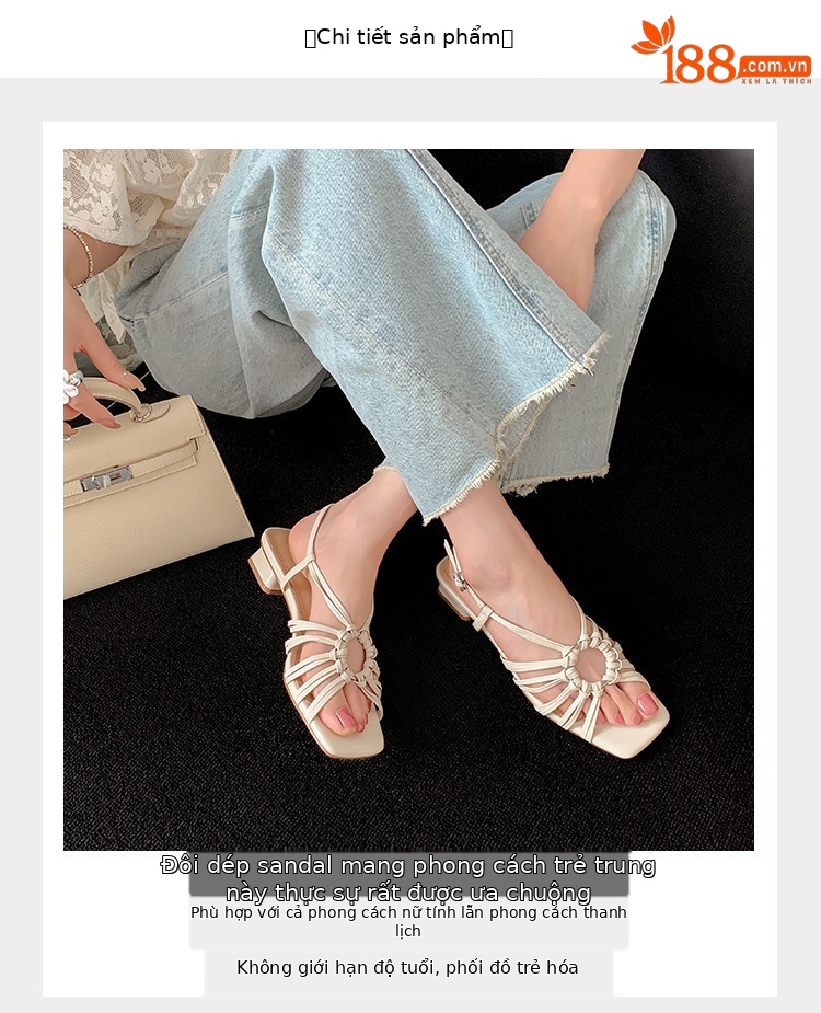 Sandal nữ mùa hè 2025 kiểu Pháp cổ điển, đế thấp, thiết kế đan lỗ vòng tròn, hở mũi hở gót — vàng, Màu trắng nhạt, bạc chi tiết 4