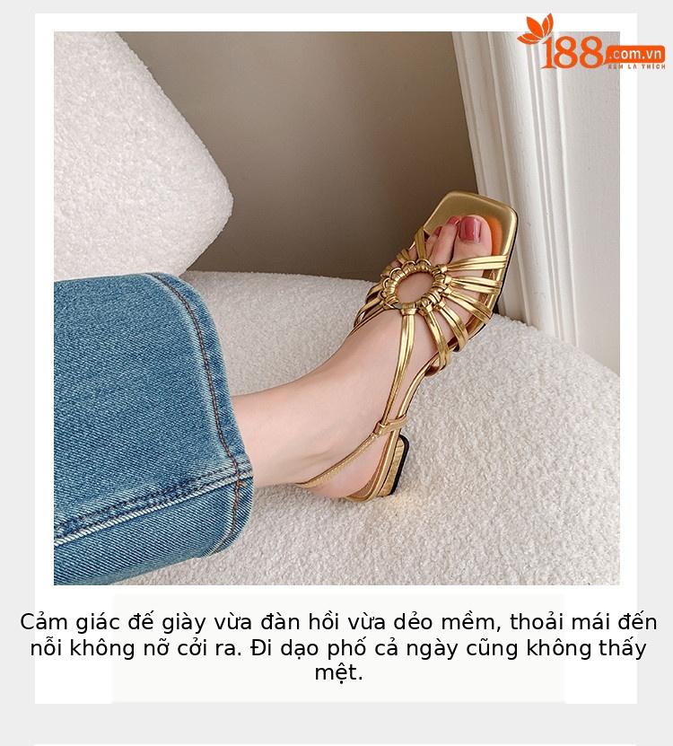 Sandal nữ mùa hè 2025 kiểu Pháp cổ điển, đế thấp, thiết kế đan lỗ vòng tròn, hở mũi hở gót — vàng, Màu trắng nhạt, bạc chi tiết 5