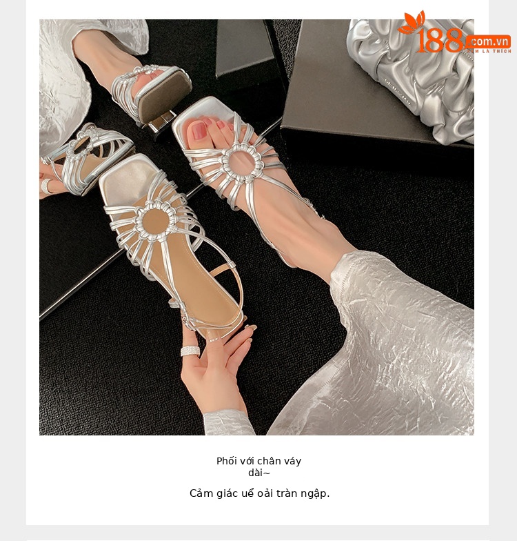 Sandal nữ mùa hè 2025 kiểu Pháp cổ điển, đế thấp, thiết kế đan lỗ vòng tròn, hở mũi hở gót — vàng, Màu trắng nhạt, bạc chi tiết 6
