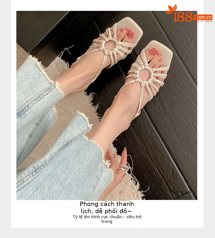 Sandal nữ mùa hè 2025 kiểu Pháp cổ điển, đế thấp, thiết kế đan lỗ vòng tròn, hở mũi hở gót — vàng, Màu trắng nhạt, bạc chi tiết 7
