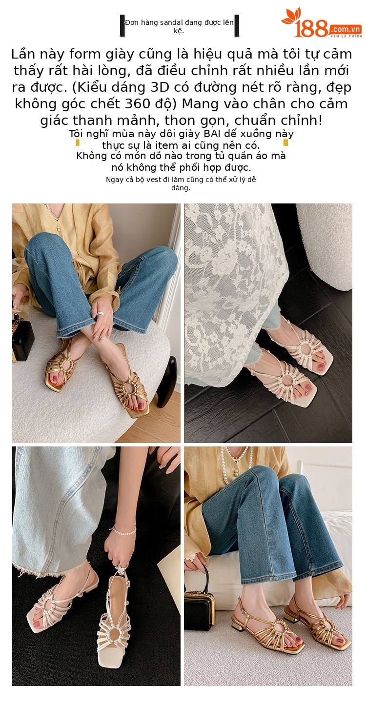 Sandal nữ mùa hè 2025 kiểu Pháp cổ điển, đế thấp, thiết kế đan lỗ vòng tròn, hở mũi hở gót — vàng, Màu trắng nhạt, bạc chi tiết 3