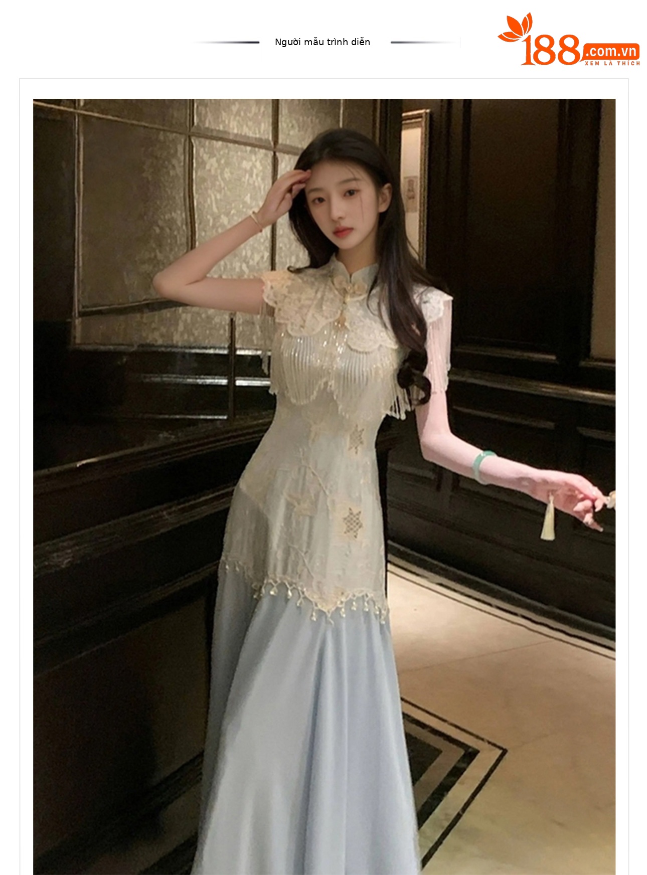 Đầm sườn xám ôm body thêu hoa đào phong cách Trung Hoa mới mùa hè ZX N4091 — Ánh trăng xanh lam, Màu trắng be chi tiết 1