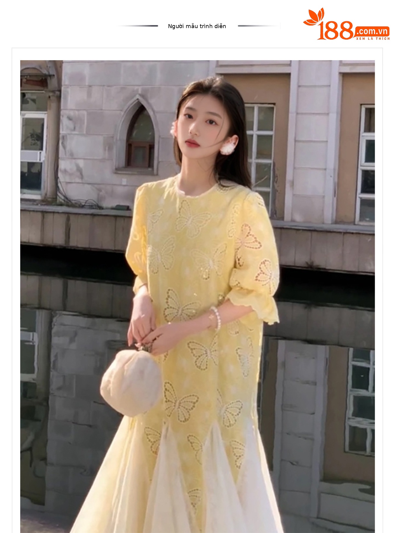 Đầm maxi nữ thêu bướm phong cách Trung Hoa mới, viền ren phối eo — Vàng chanh chi tiết 1