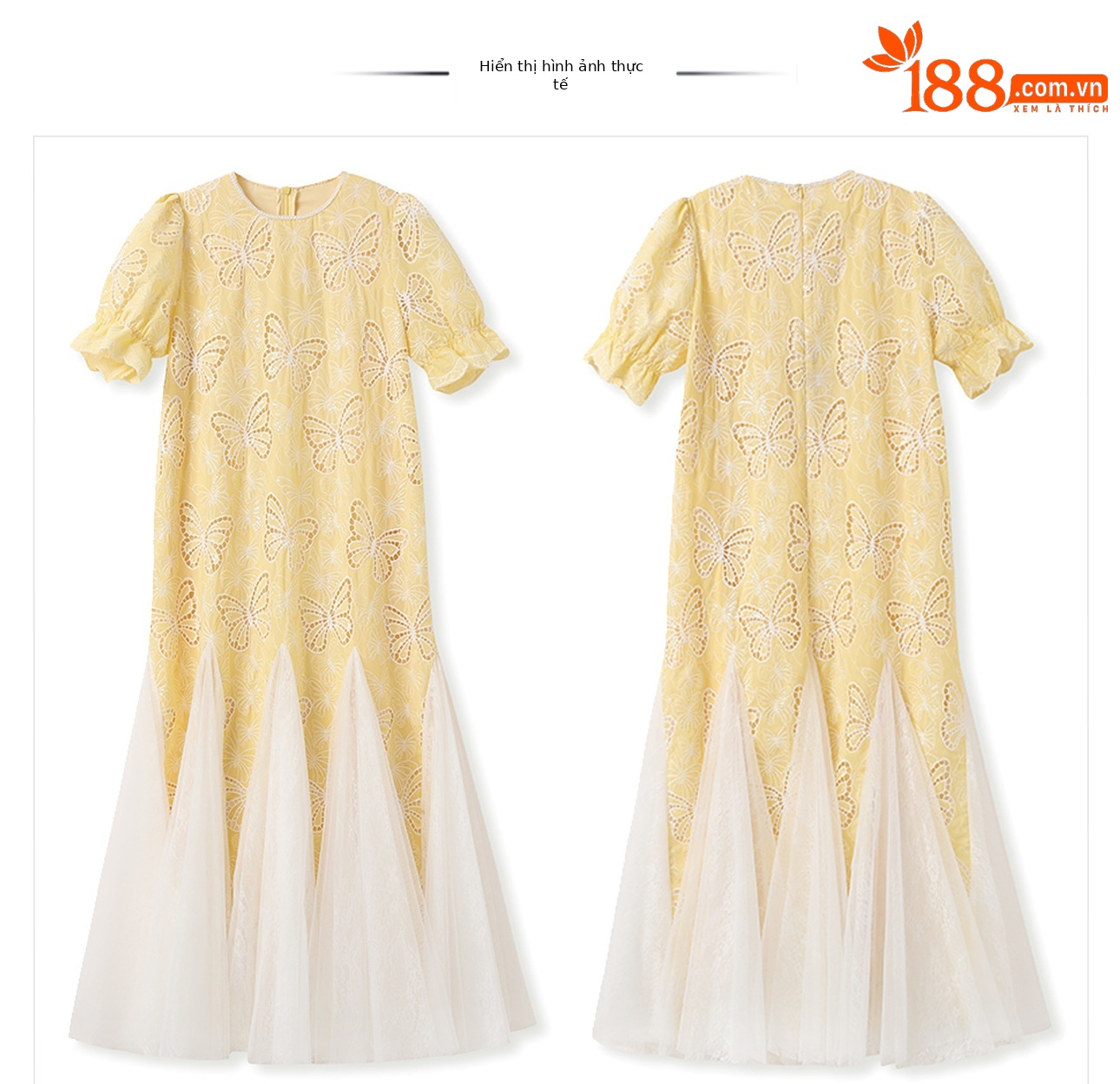 Đầm maxi nữ thêu bướm phong cách Trung Hoa mới, viền ren phối eo — Vàng chanh chi tiết 4