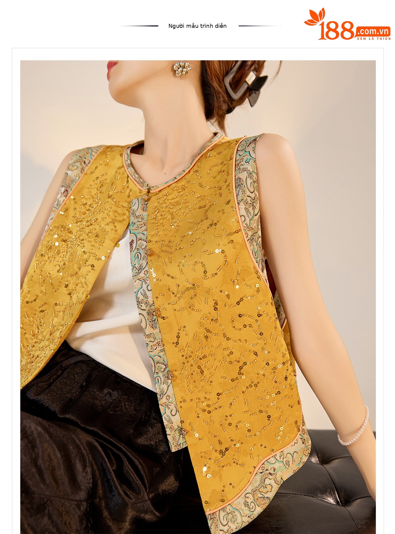 Áo vest gile nữ phong cách retro Tân Trung Hoa, cổ đứng, thêu đính hạt cườm tinh xảo — Vàng chanh chi tiết 1