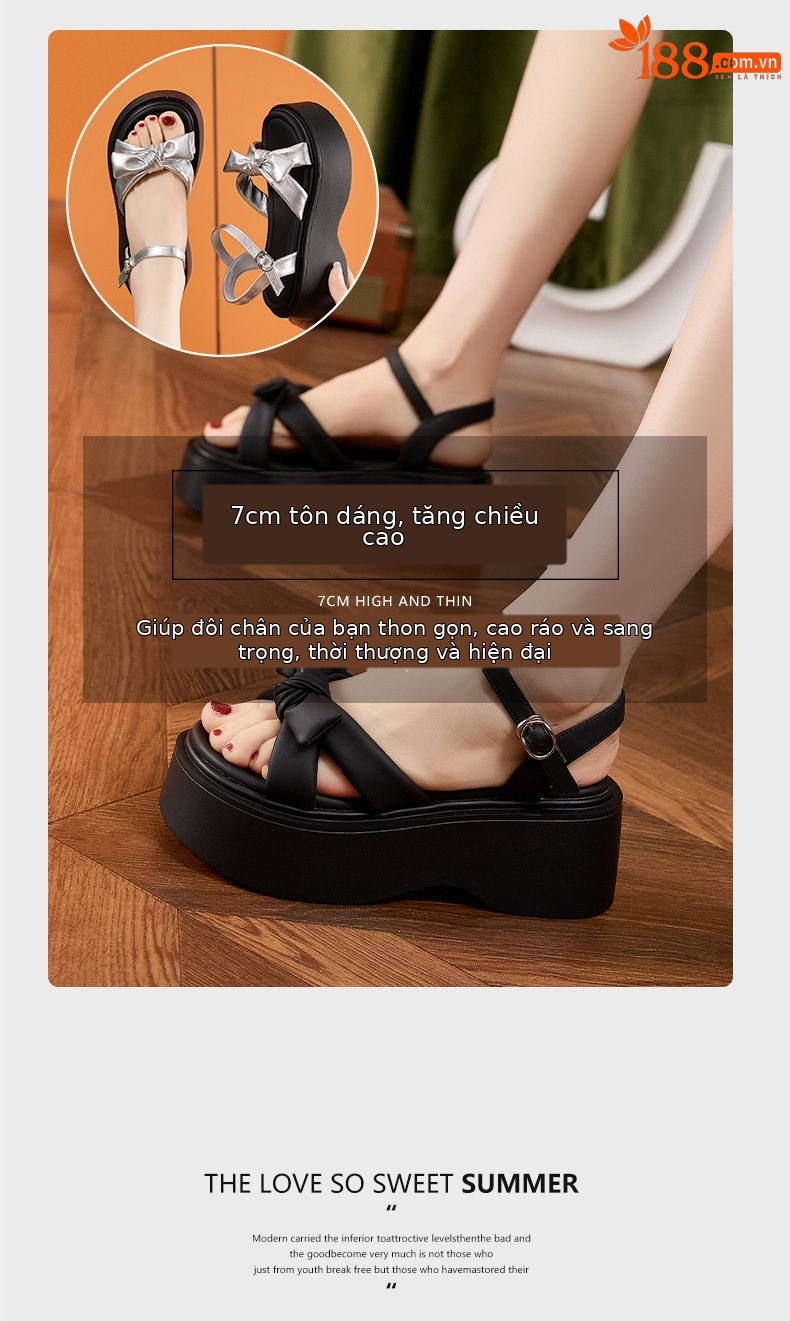 Dép sandal nữ xỏ ngón đế bệt phong cách hè nơ trang trí — Bạc, Đen chi tiết 9
