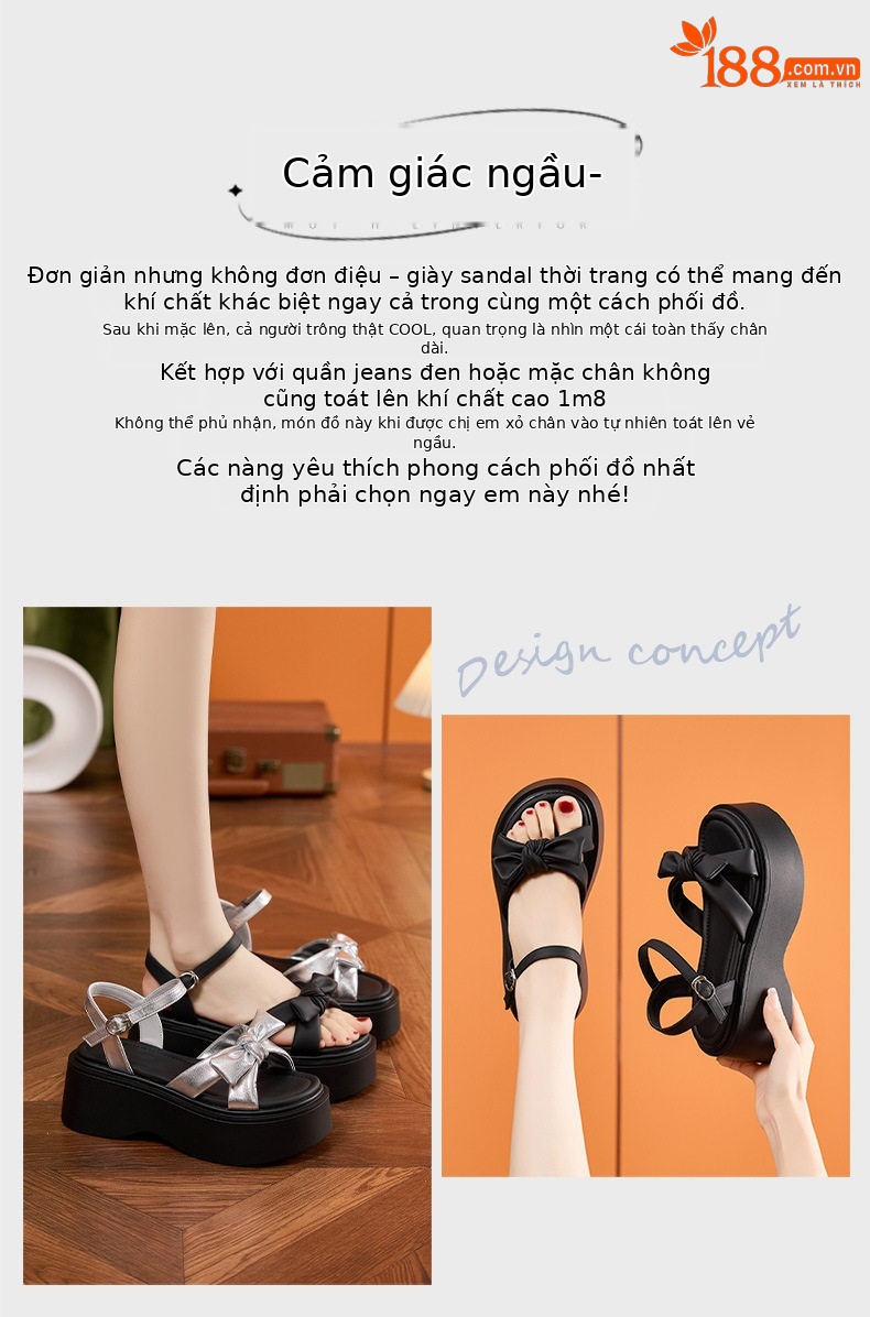 Dép sandal nữ xỏ ngón đế bệt phong cách hè nơ trang trí — Bạc, Đen chi tiết 4