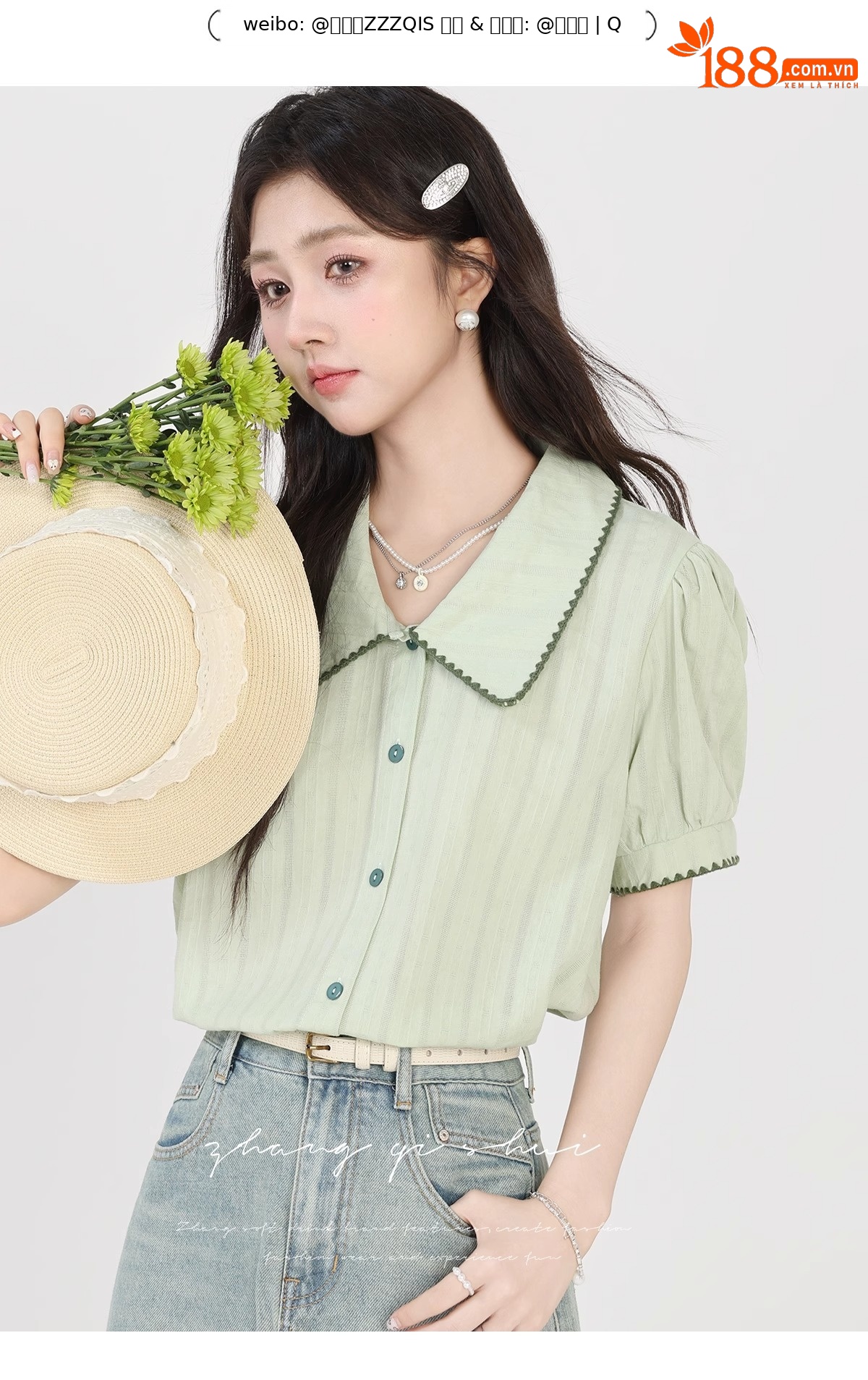 Áo sơ mi nữ cotton ngắn tay cổ búp bê xanh nhạt phong cách mới mùa hè — Màu xanh lục nhạt chi tiết 3