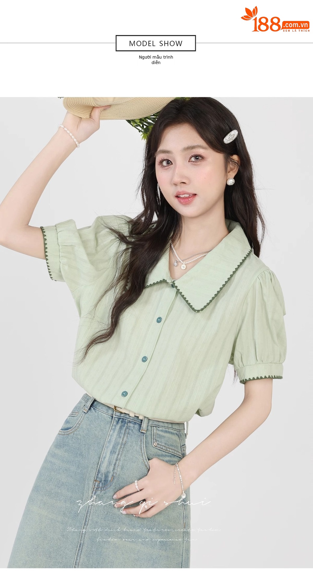 Áo sơ mi nữ cotton ngắn tay cổ búp bê xanh nhạt phong cách mới mùa hè — Màu xanh lục nhạt chi tiết 6