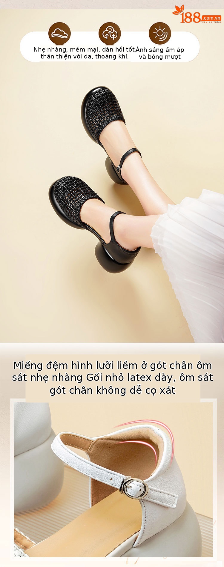 Sandal quai ngang cao gót nữ mũi bao dệt da thật, gót thô đế dày — Màu đen chi tiết 2