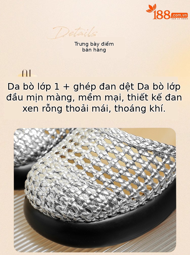 Sandal quai ngang cao gót nữ mũi bao dệt da thật, gót thô đế dày — Màu đen chi tiết 5
