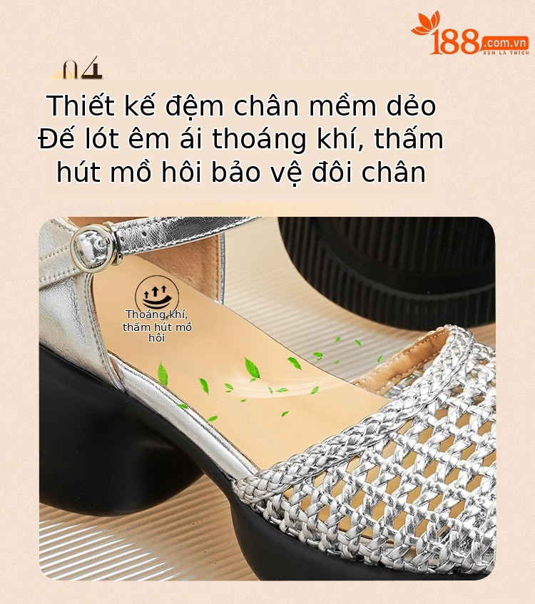 Sandal quai ngang cao gót nữ mũi bao dệt da thật, gót thô đế dày — Màu đen chi tiết 8